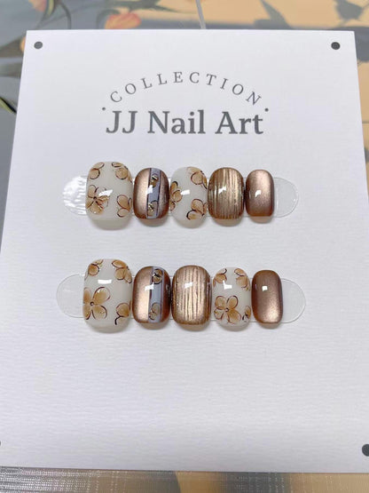 Custom Shape Hand Painted Press On Nails: Light Brown Petals Cat Eye Reusable Nail Set