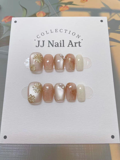 Handmade Golden Petals Cat Eye Press On Nails: Reusable Set