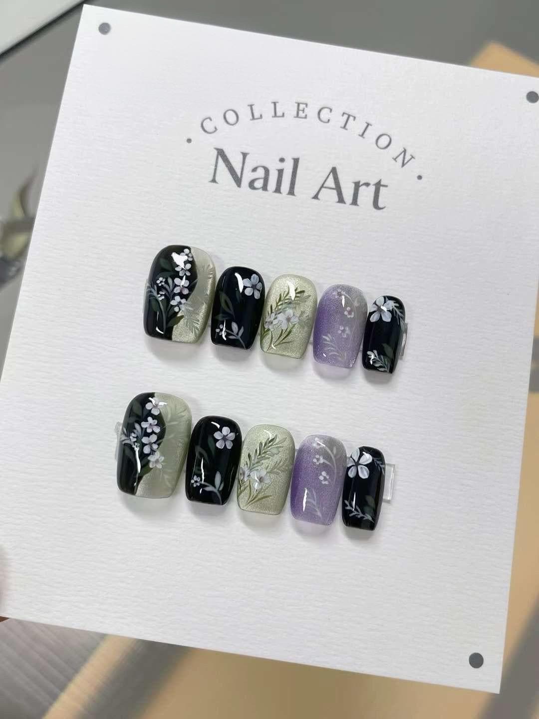 Hand Painted Floral Press On Nails: Cold Night Gel Faux Nails