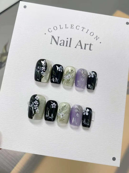 Hand Painted Floral Press On Nails: Cold Night Gel Faux Nails