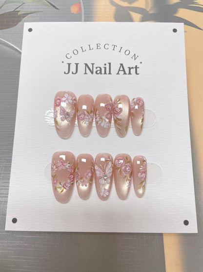 Hand Painted Flower Butterfly Press On Nails, Reusable Custom Nail Shape