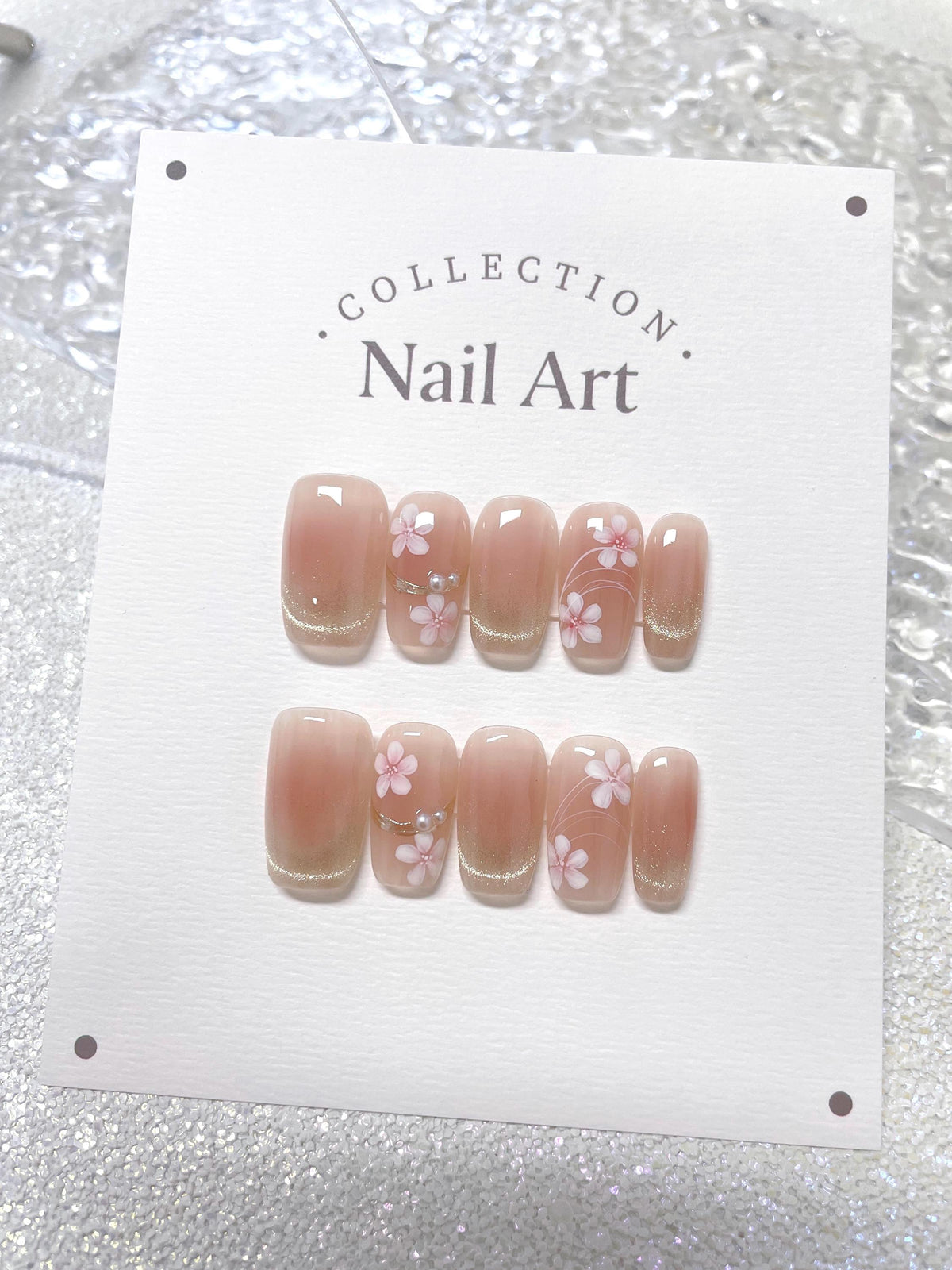 Pink Flower Cat Eye Press On Nails: Hand Painted Reusable Faux Nails