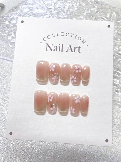 Pink Flower Cat Eye Press On Nails: Hand Painted Reusable Faux Nails