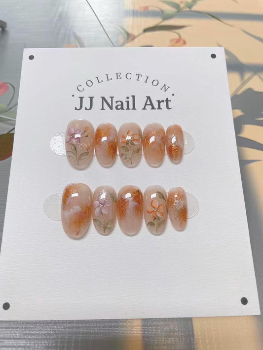 Handmade Orange Flowers Smudge Press On Nails: Reusable Set
