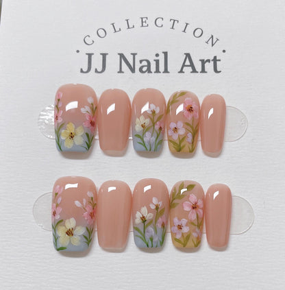 Blooming Flowers Press On Nails: Custom Shape Reusable Set