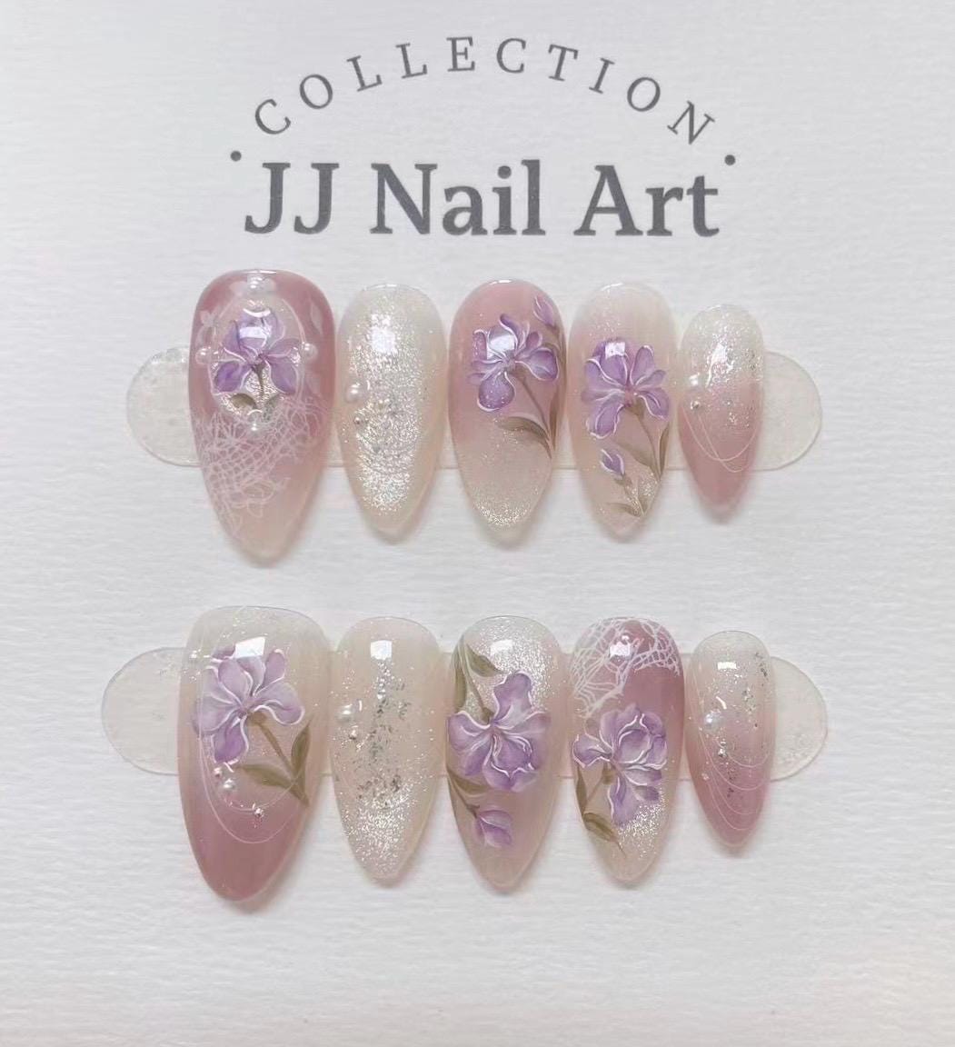 Handmade Purple Flowers Cat Eye Press On Nails: Reusable Nail Set