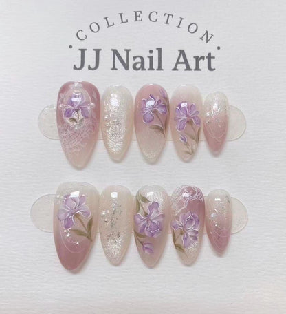 Handmade Purple Flowers Cat Eye Press On Nails: Reusable Nail Set