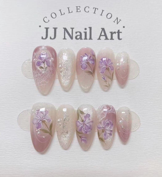 Handmade Purple Flowers Cat Eye Press On Nails: Reusable Nail Set