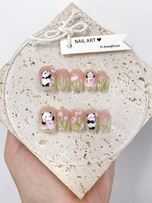 Hand Painted Panda Tulip Press On Nails: Reusable Artist Faux Nails