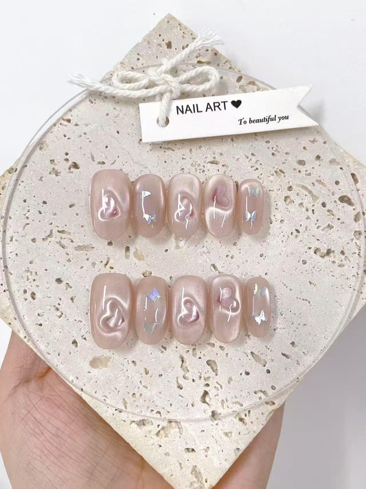 Heart Cat Eye Hand Painted Press On Nails: Custom Shape Reusable Nail Set