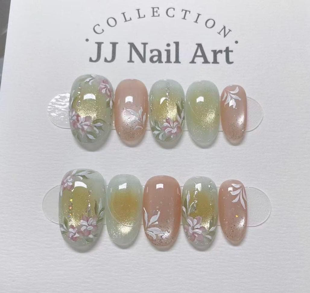 Handmade Blooming Flowers Green Cat Eye Press On Nails: Reusable Nail Set