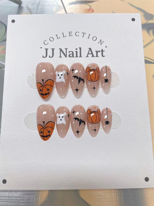 Handmade Halloween Pumpkin Ears Cat Eye Press On Nails: Reusable Nail Set