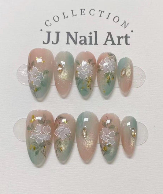 Handmade Ombre Flowers Cat Eye Press On Nails: Floral French Reusable Set