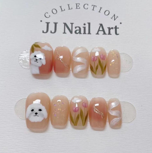 Handmade Puppy Flowers Cat Eye Petals  Press On Nails: Reusable Set