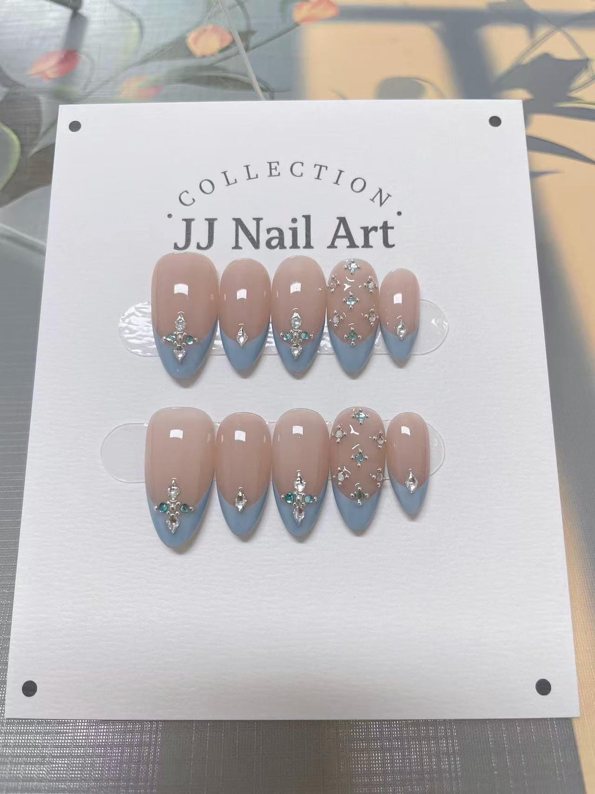 Gems Blue French Hand Painted Press On Nails: Custom Shape Reusable Nail Set
