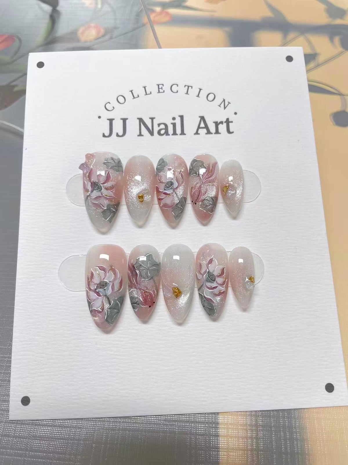 Hand-Painted Lotus French Cat Eye Press On Nails: Reusable Custom Set