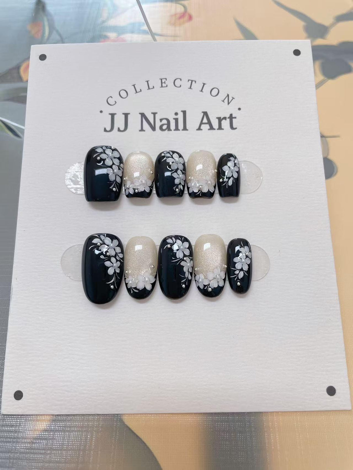 Hand Painted Petals Cat Eye Press On Nails: Custom Shape Reusable Set