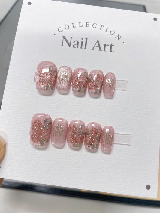 Spring Rose Press On Nails: Hand Painted Reusable Faux Nails