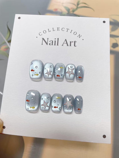 Hand Painted Fish & Stars Press On Nails: Reusable Artist Faux Nails