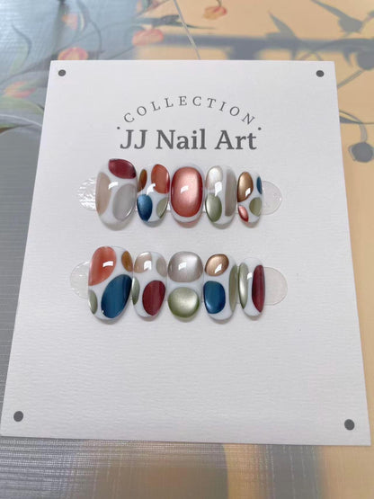 Colorful Cat Eye Press On Nails: Custom Shape Reusable Set
