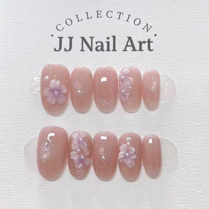 Handmade 3D Pink Petals Glitters Press On Nails: Reusable Nail Set