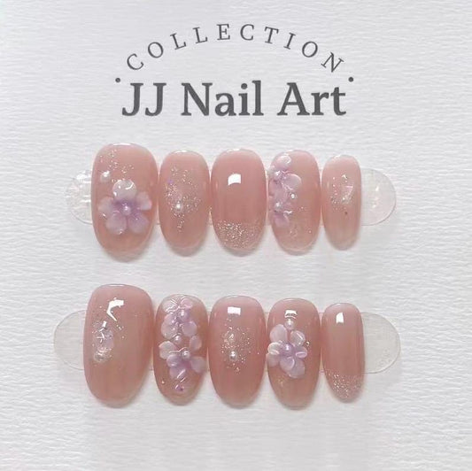 Handmade 3D Pink Petals Glitters Press On Nails: Reusable Nail Set
