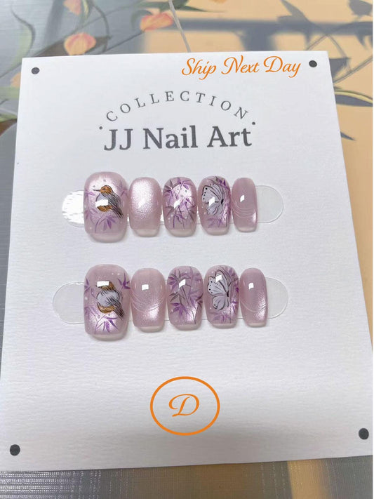 Bird Cat Eye Hand Painted Press On Nails: Custom Shape Reusable Nail Set
