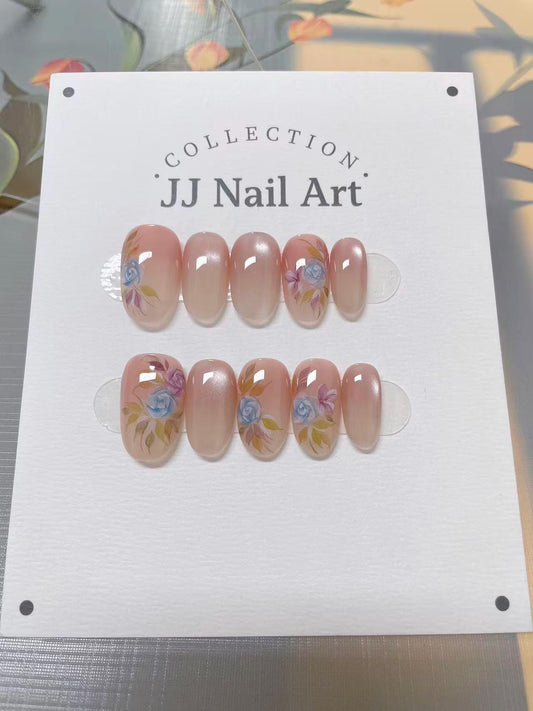 Handmade Blue Purple Roses Cat Eye Press On Nails: Reusable Set