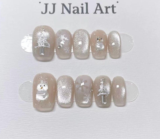 Hand Painted Snowman Cat Eye Press On Nails: Custom Shape  Reusable Nail Set