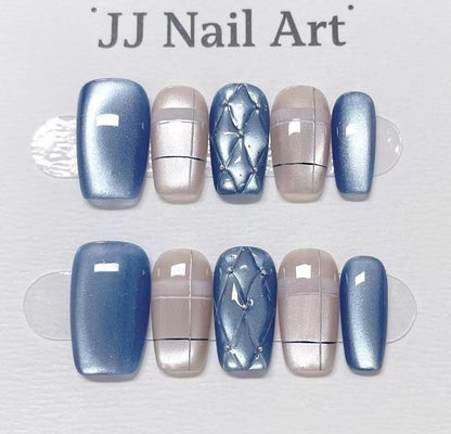Blue Pattern Cat Eye Press On Nails: Custom Shape Reusable Nail Set