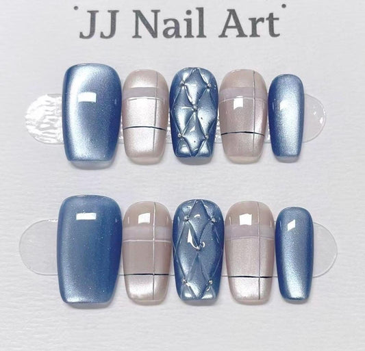 Blue Pattern Cat Eye Press On Nails: Custom Shape Reusable Nail Set