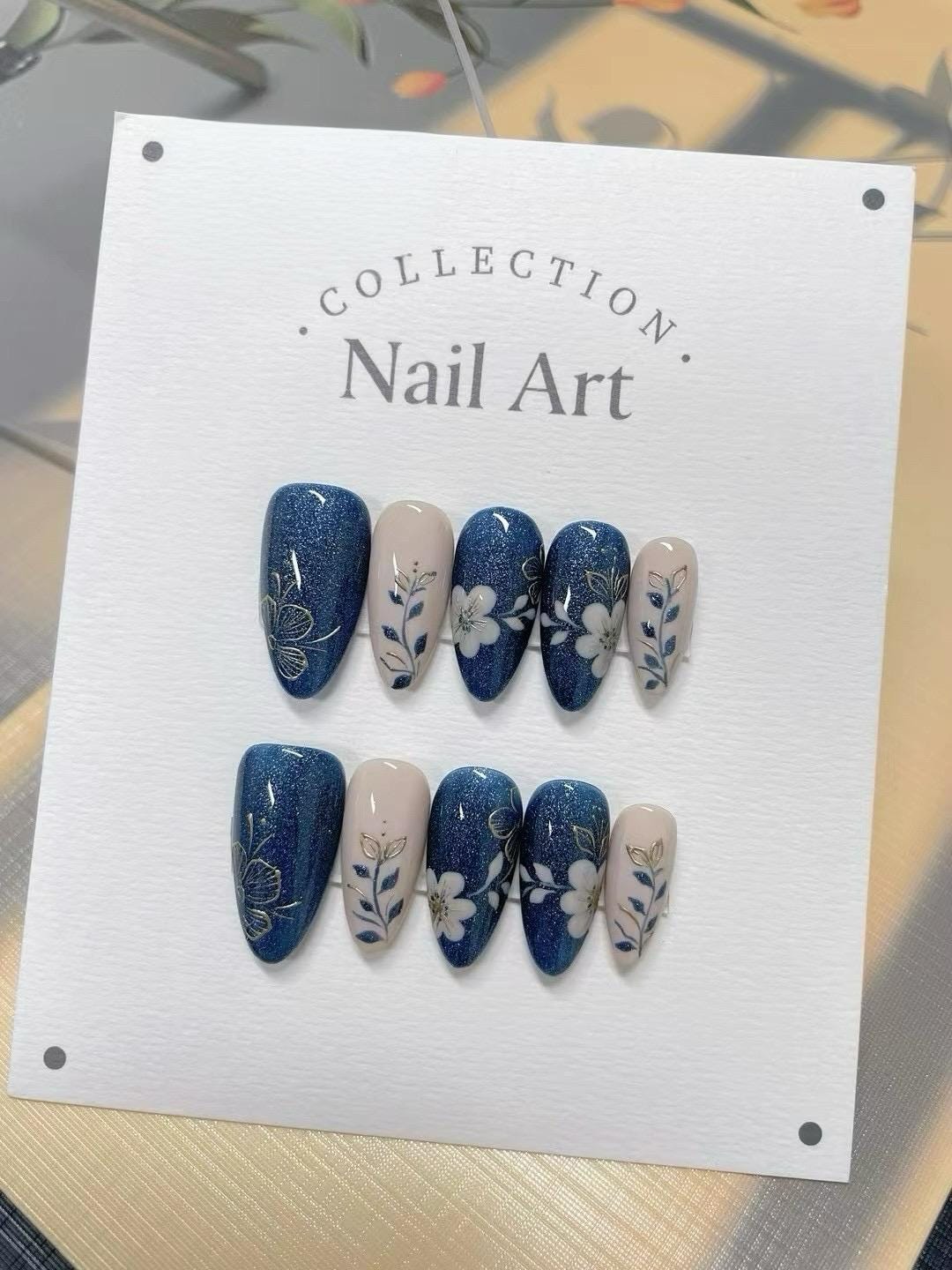 Blue Floral Press On Nails: Hand Painted Reusable Faux Nails