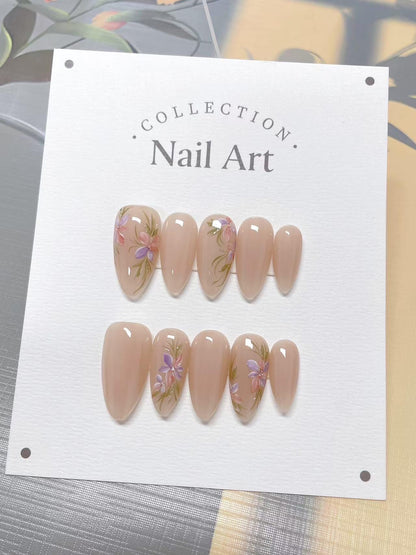 Hand Painted Floral Press On Nails: Reusable Artist Faux Nails