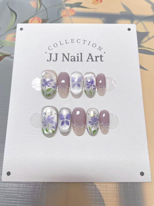 Purple Flowers Cat Eye Hand Painted Press On Nails: Custom Shape Reusable Nail Set