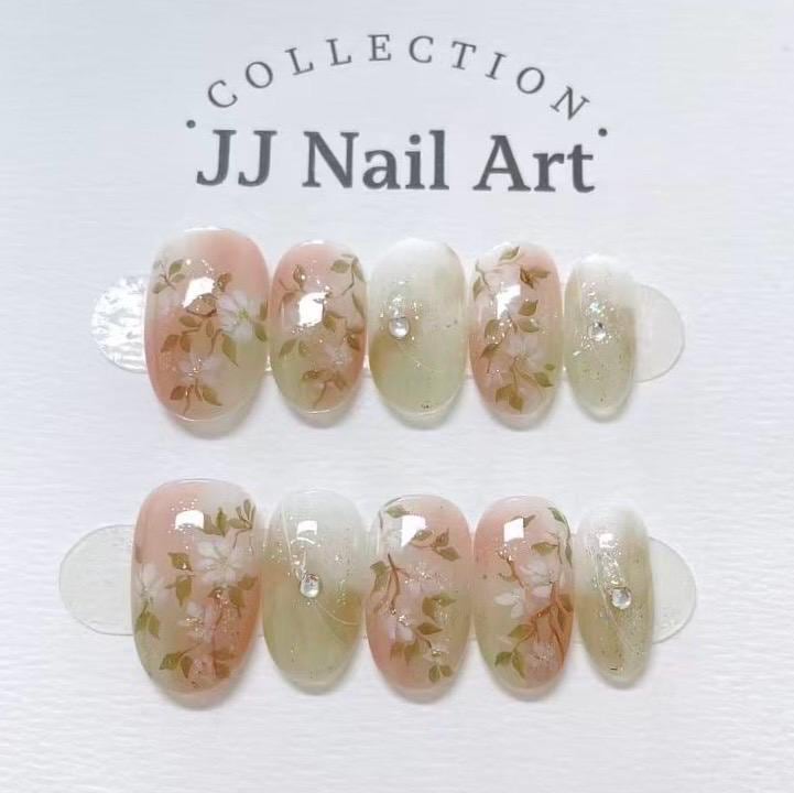 Handmade Pink Green Ombré Flowers Press On Nails: Reusable Nail Set