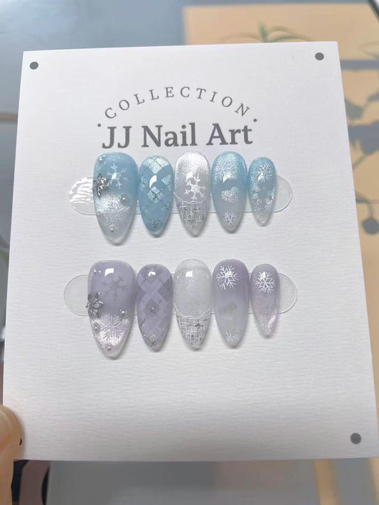 Snowflakes Ombre Cat Eye Hand Painted Press On Nails: Custom Shape Reusable Nail Set