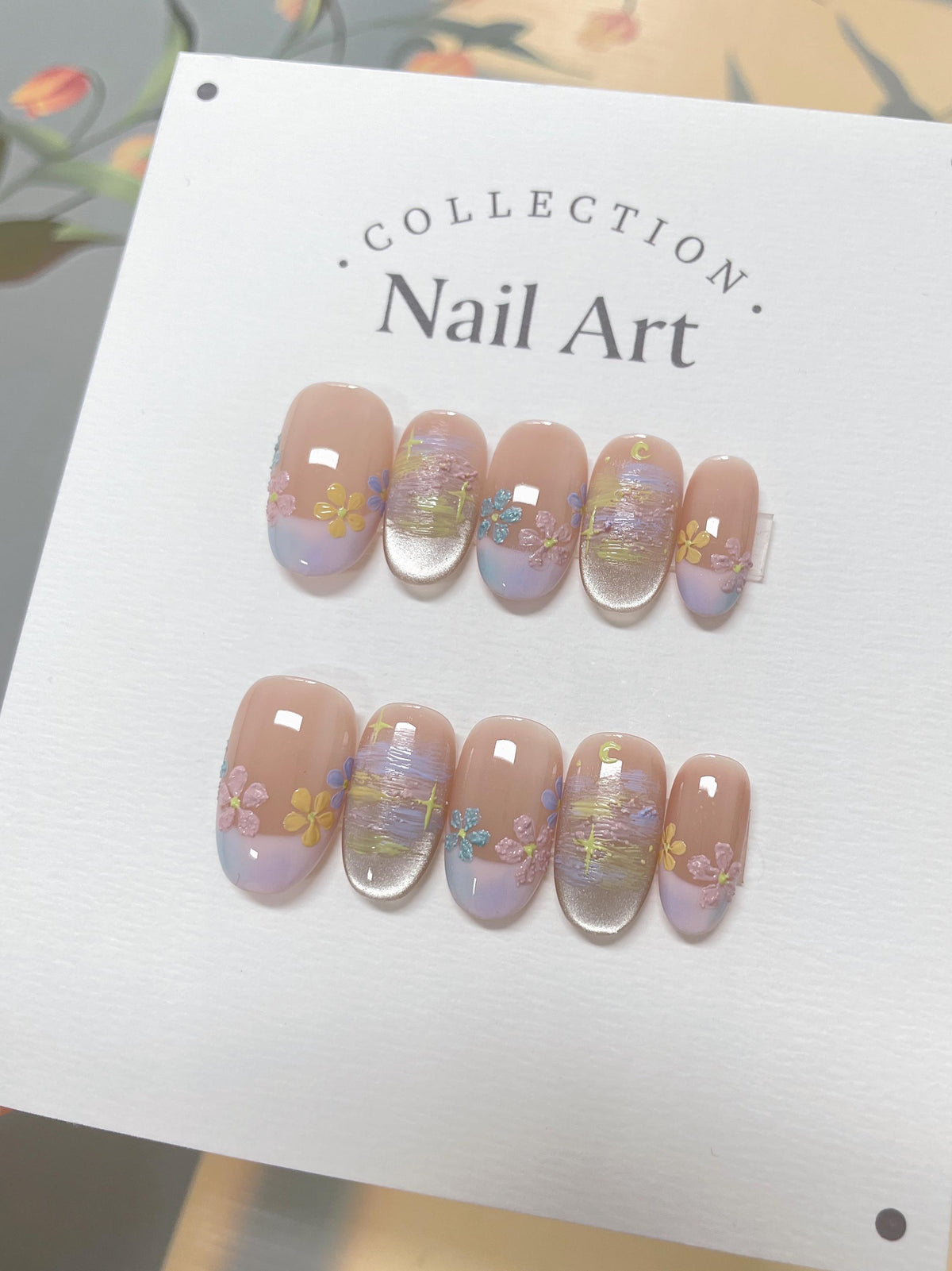 Hand Painted Flower Press On Nails: French Tip Reusable Faux Nails