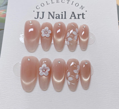 White Cat Eye Floral Press On Nails: Reusable Custom Shape Set