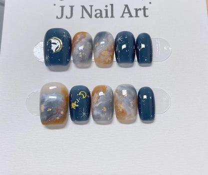 Blue Smudge Handmade Press On Nails: Reusable Custom Shape Set