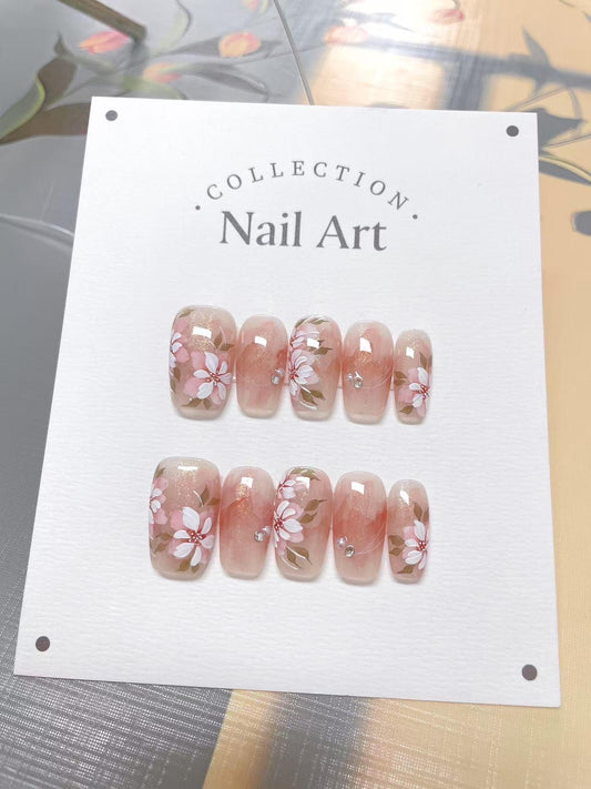 Hand Painted Press On Nails: Floral Smudge, Reusable Faux Nails