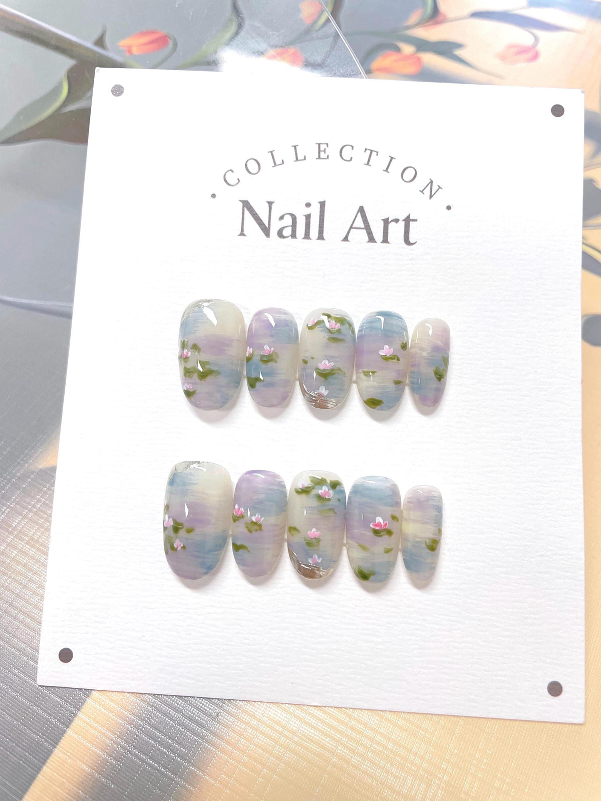 Hand Painted Water Lily Press On Nails: Reusable Artist Faux Nails