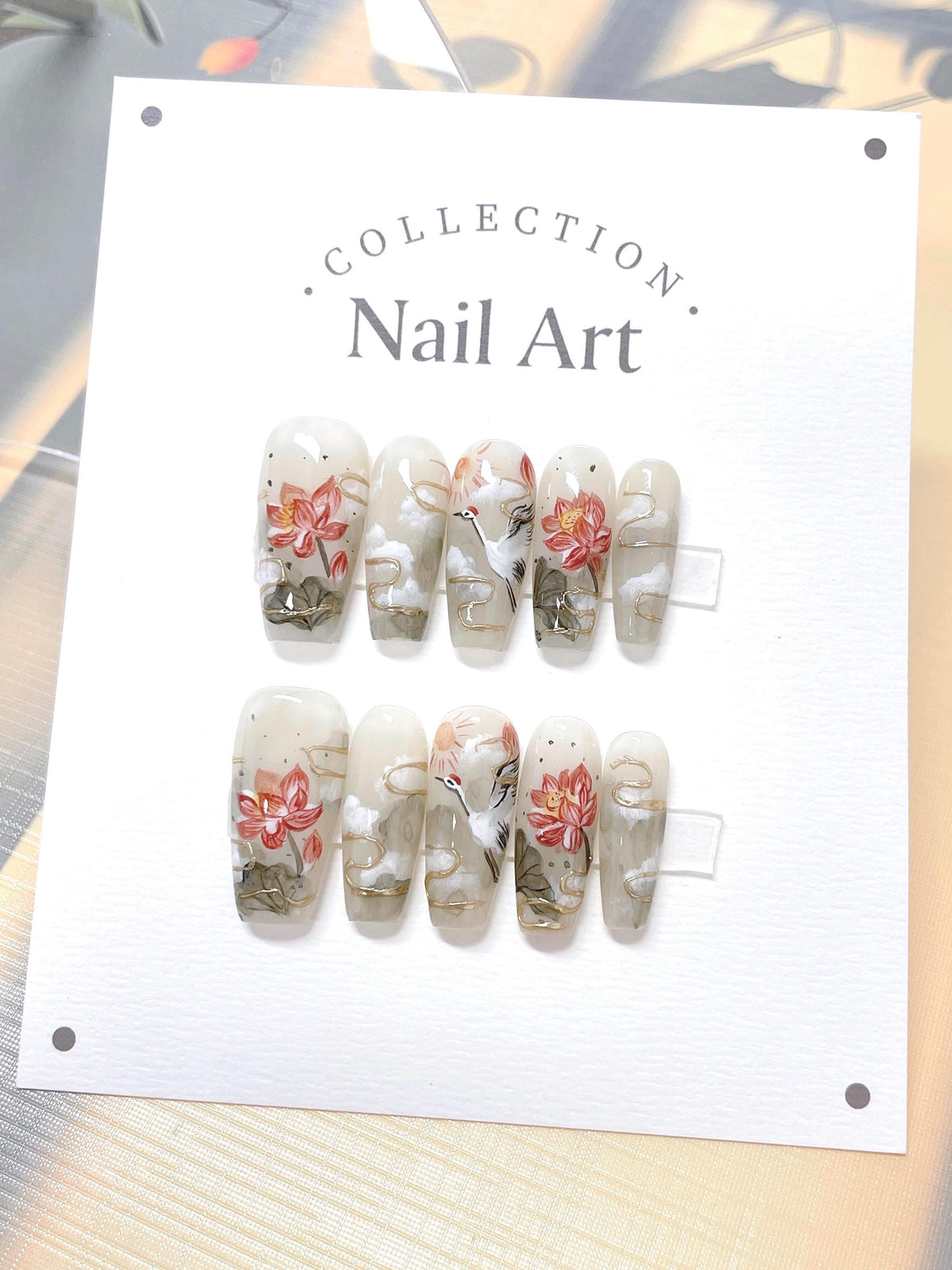 Lotus Stork Press On Nails: Hand Painted Reusable Faux Nails