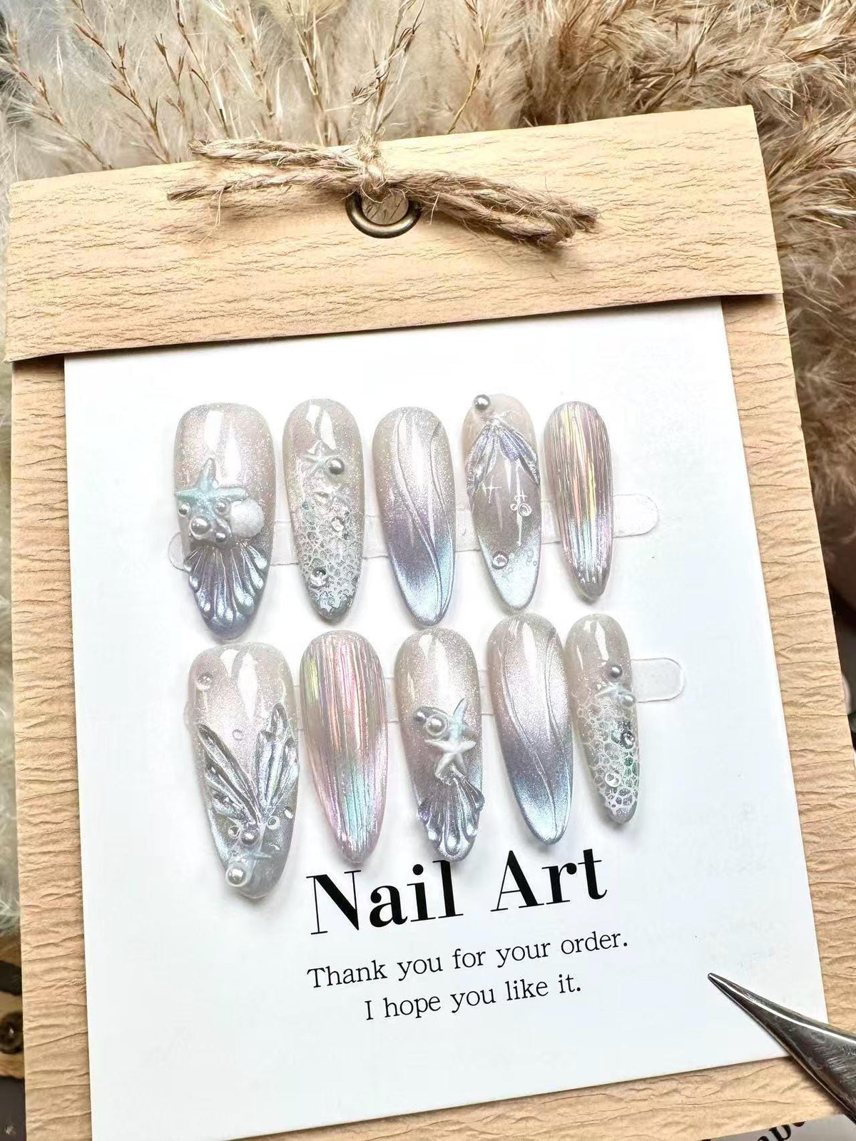 Hand Painted Sealife Press On Nails: Shimmering Artist Faux Nails