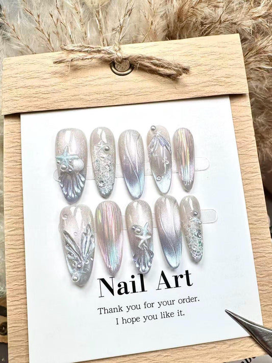 Hand Painted Sealife Press On Nails: Shimmering Artist Faux Nails
