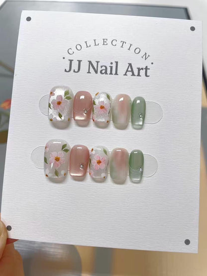 Spring Flowers Hand Painted Press On Nails: Custom Shape Reusable Nail Set