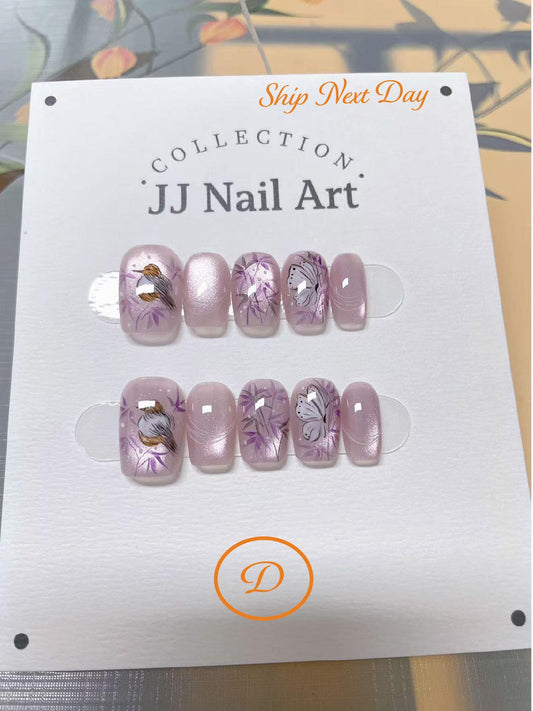 Bird Cat Eye Hand Painted Press On Nails: Custom Shape Reusable Nail Set