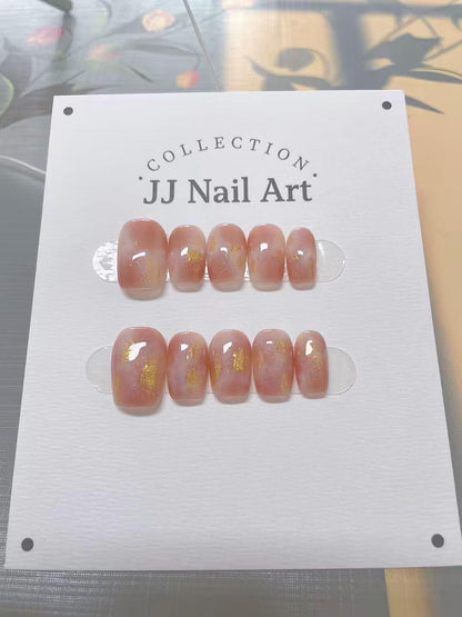 Peach Smudge Gold Handmade Press On Nails: Custom Shape Reusable Set