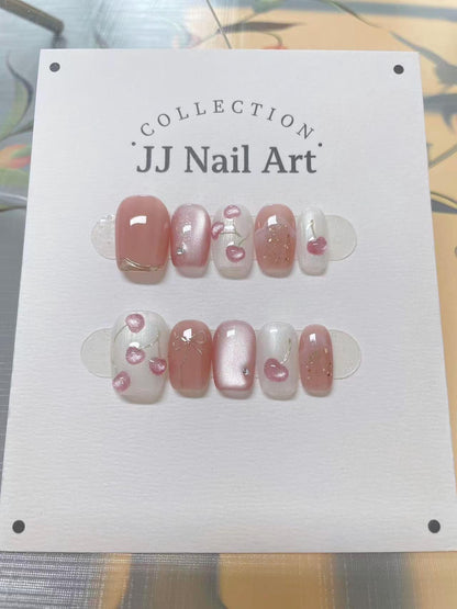 Handmade Pink Cat Eye Cherries Press On Nails: Reusable Nail Set
