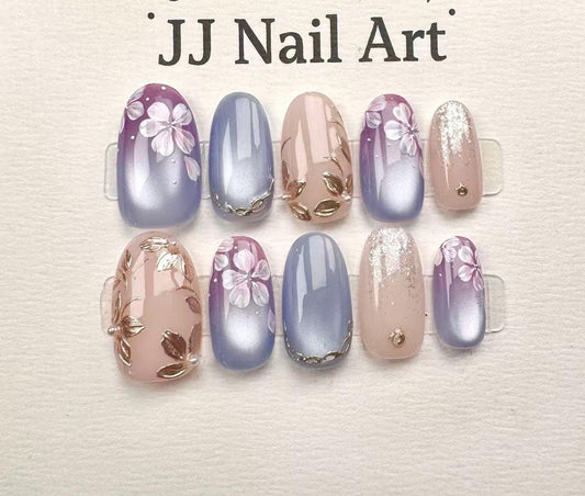 Handmade Ombre Petal Press On Nails: Pink, Purple, Blue Floral Set