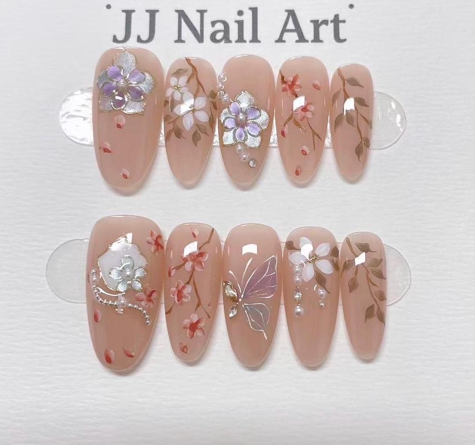 Plum Blossoms Hand Painted Press On Nails: Custom Shape Reusable Nail Set